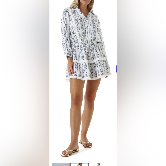 Melissa Odebash SOPHIA AZTEC Shirt DRESS White & Blue Fringed Hem Tiered Skirt S - Picture 5 of 7